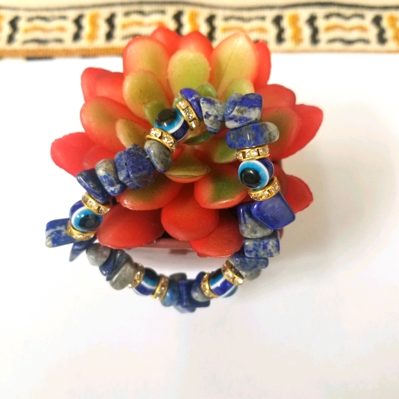 Evil Eye Natural Blue Stone beaded Bracelet with gold Rhinestone  New - Picture 7 of 7